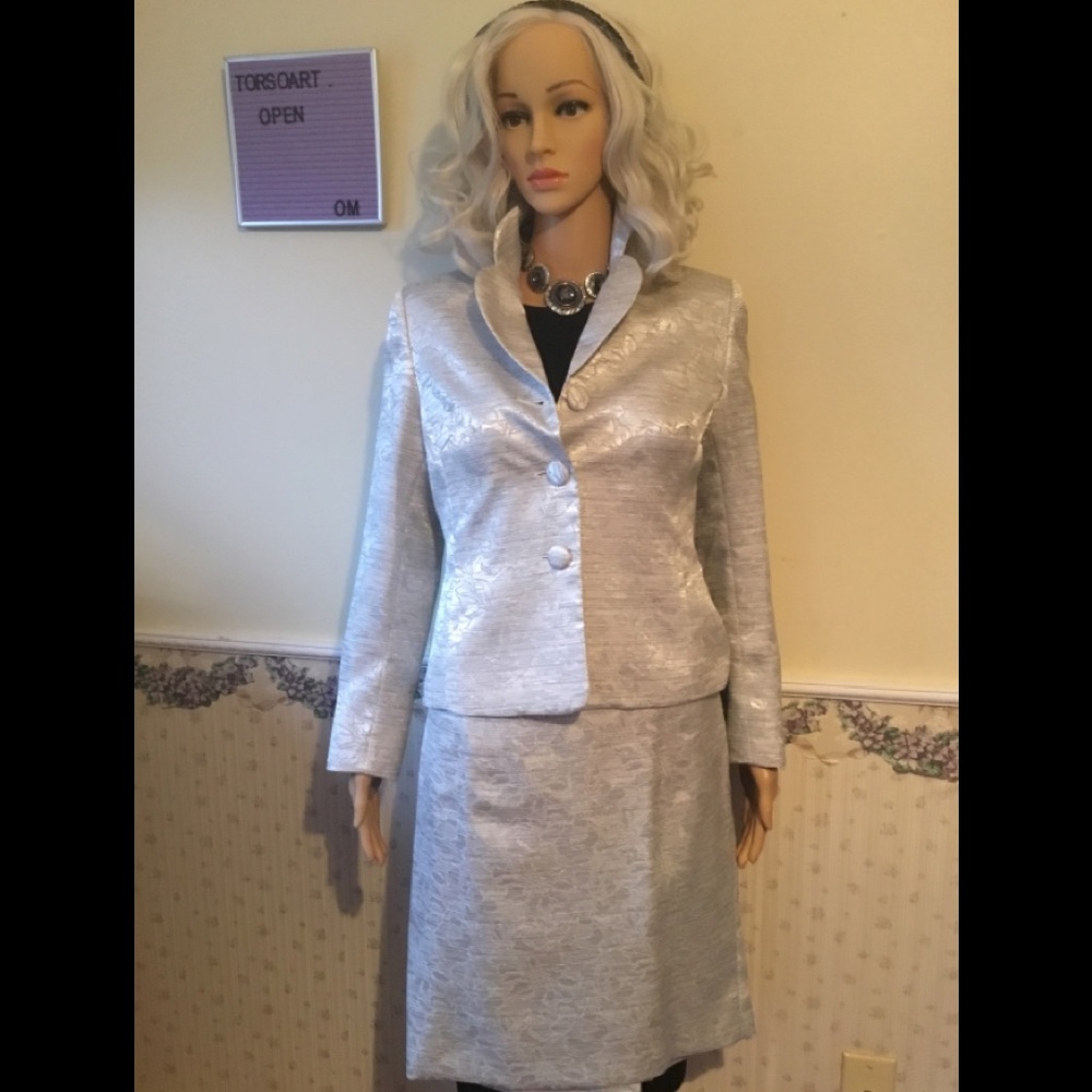 💼Vintage silver blue Sz 2P suit skirt blazer crop
